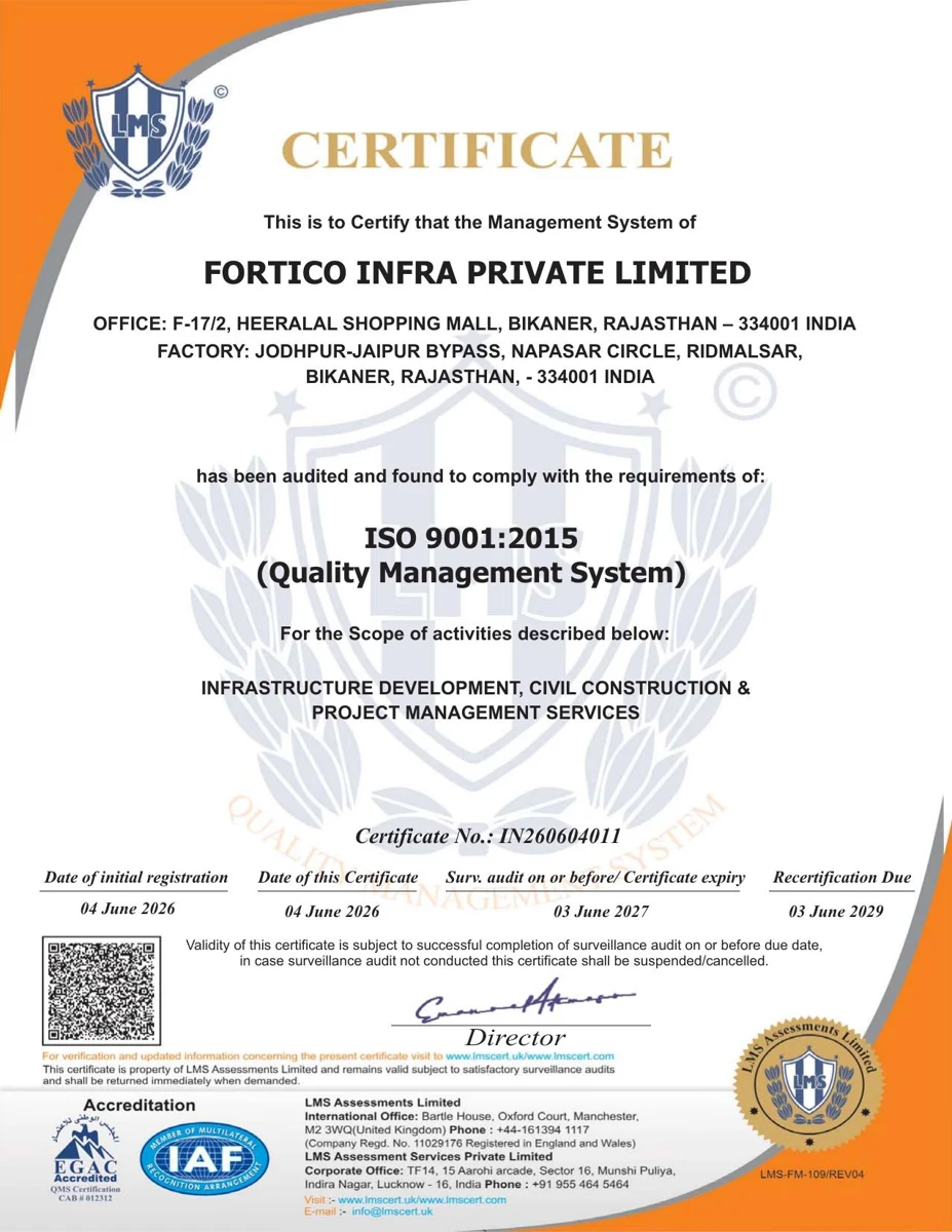 ISO 9001:2015 Quality Management System certificate issued to Fortico Infra Private Limited by LMS Assessments Limited, certificate number IN260604011