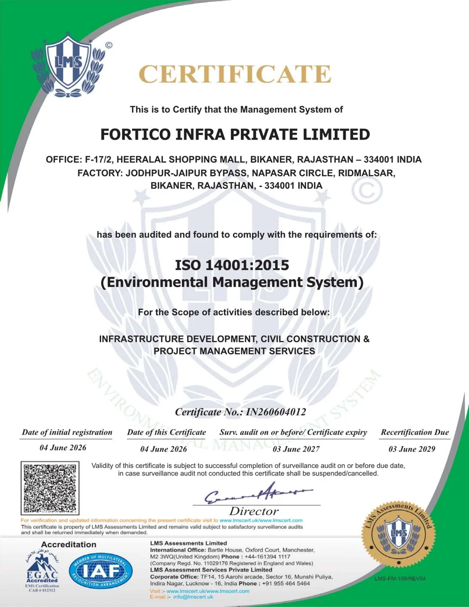 ISO 14001:2015 Environmental Management System certificate issued to Fortico Infra Private Limited by LMS Assessments Limited, certificate number IN260604012