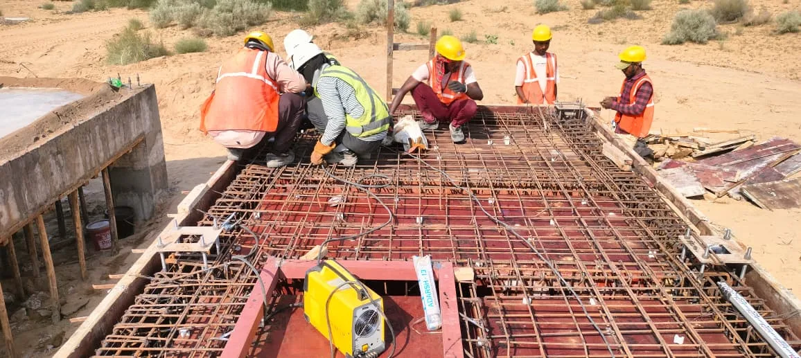 Slab mesh reinforcement tied ahead of casting — Fortico Infra solar project site